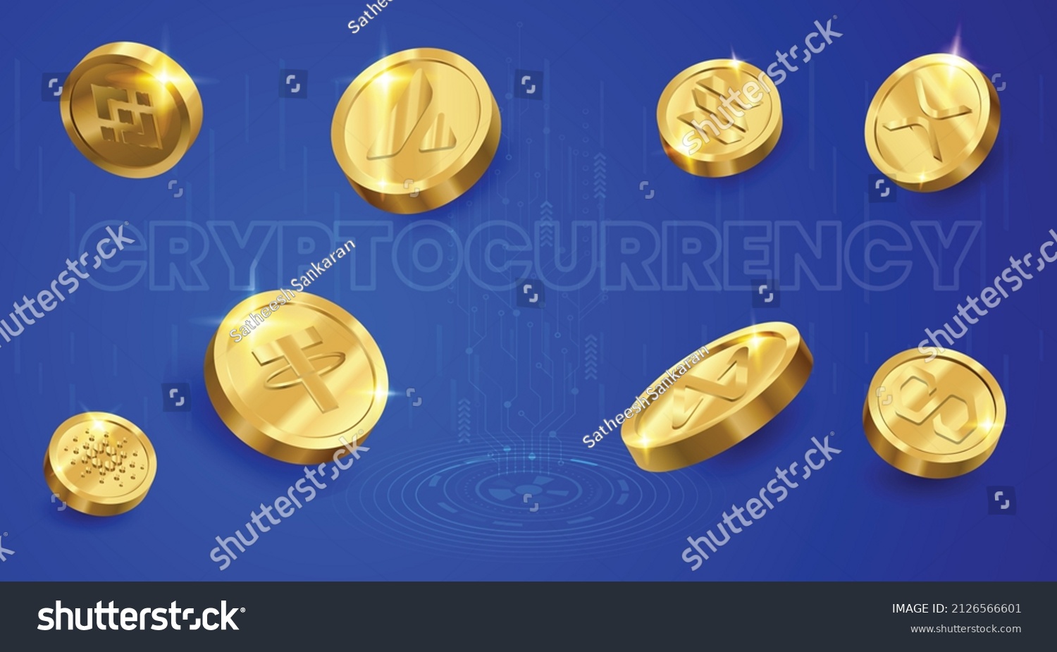 SVG of Cryptocurrency digital payment technology based on blockchain vector background with Tether USDT, Solana SOL, XRP, Avalanche AVAX, Binance Coin BNB, Cardano ADA, Near Protocol and Polygon MATIC logos  svg