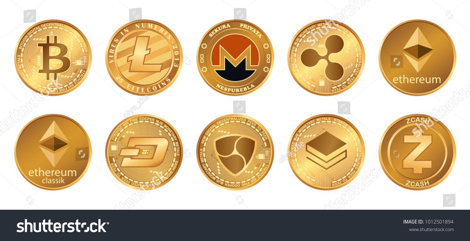 SVG of Cryptocurrency logo set - bitcoin, litecoin, ethereum, ethereum classic, monero, ripple, zcash dash stratis nem. Golden coins with Cryptocurrency symbol svg