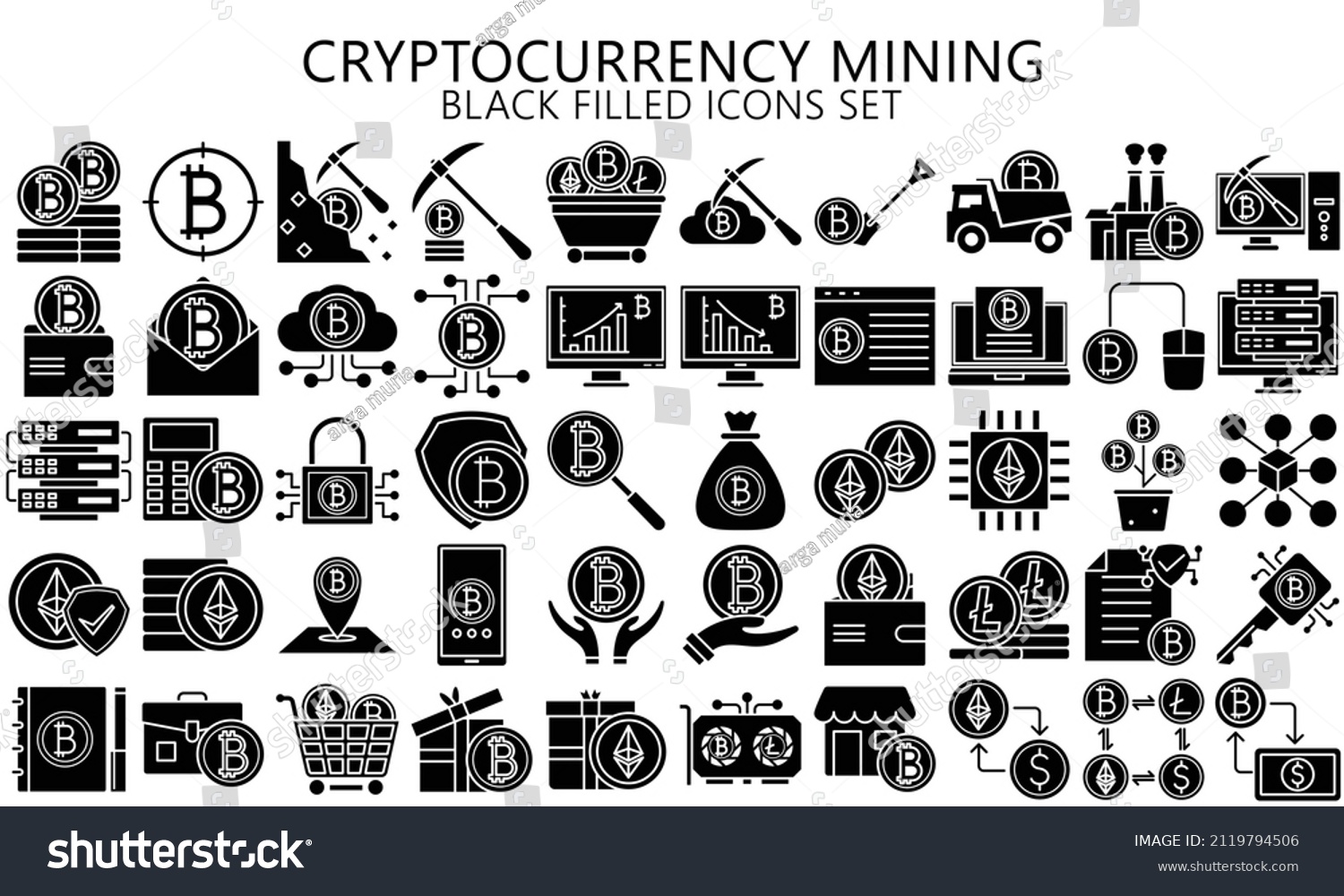 SVG of Cryptocurrency mining black filled color icon set. fintech pictograms for web and mobile app GUI. Blockchain technology simple UI, UX and applications, vector EPS 10 ready convert to SVG. svg