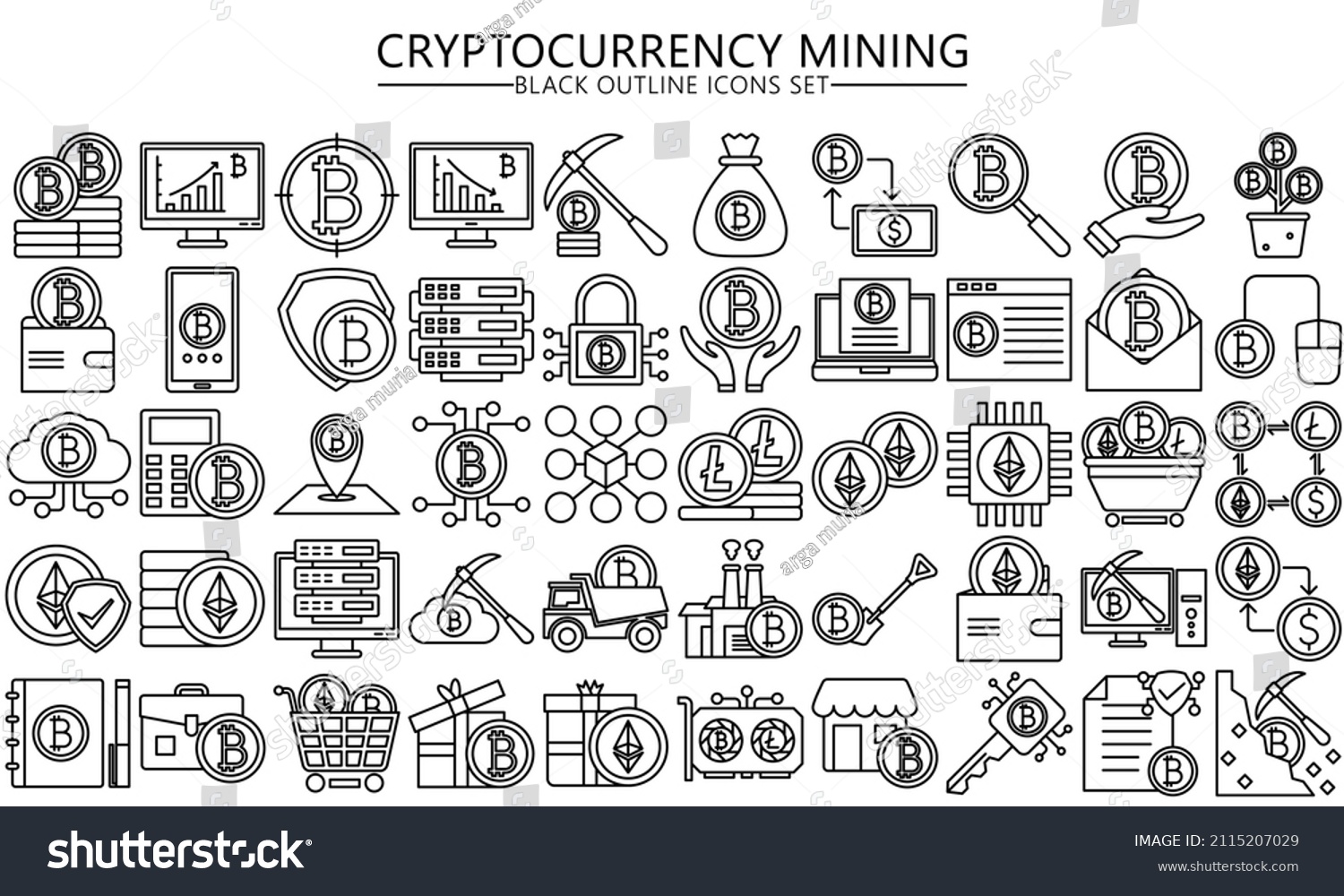 SVG of Cryptocurrency mining black outline icon set. bitcoin, litecoin, ethereum, fintech pictograms for web and mobile app GUI. Blockchain technology simple UI, UX vector icons, EPS 10 ready convert to SVG svg