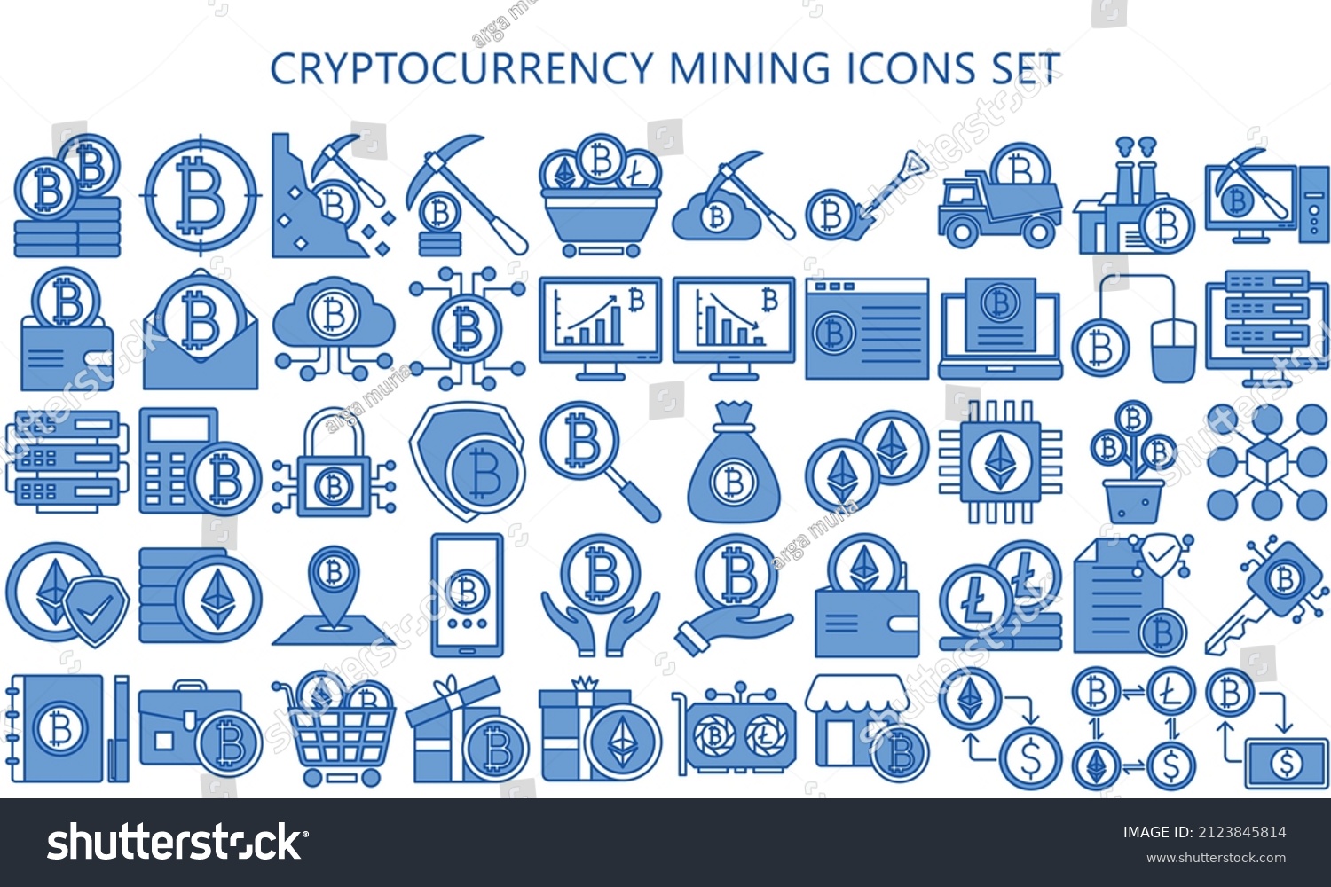SVG of Cryptocurrency mining blue color icon set. bitcoin, ethereum, fintech pictograms for web and mobile app GUI. Blockchain technology simple UI, UX and applications, vector EPS 10 ready convert to SVG. svg