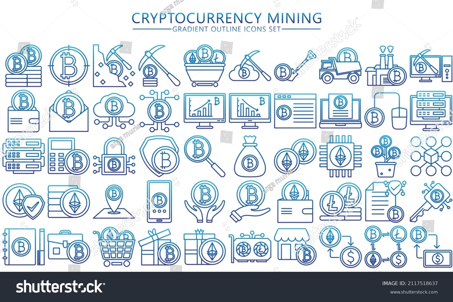 SVG of Cryptocurrency mining gradient outline icon set. bitcoin ethereum, fintech pictograms for web and mobile app GUI. Blockchain technology simple UI, UX vector icons, EPS 10 ready convert to SVG svg