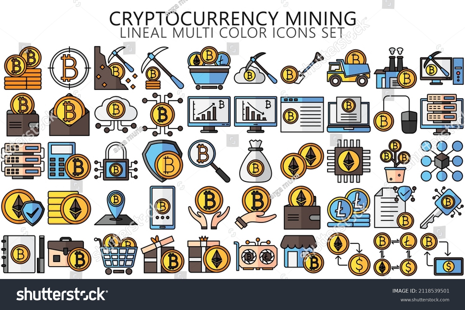 SVG of Cryptocurrency mining lineal multi color icon set. bitcoin, ethereum, fintech pictograms for web and mobile app GUI. Blockchain technology simple UI, UX vector icons, EPS 10 ready convert to SVG svg