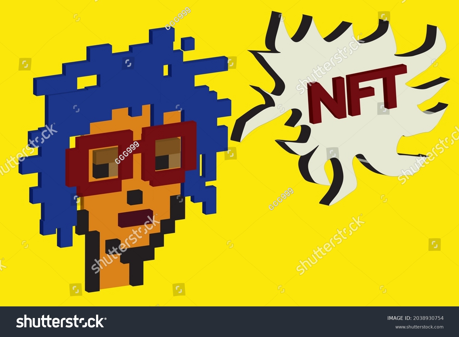 SVG of Cryptopunk NFT blockchain, non fungible token. Pixel art character blue hair red glasses 3d svg