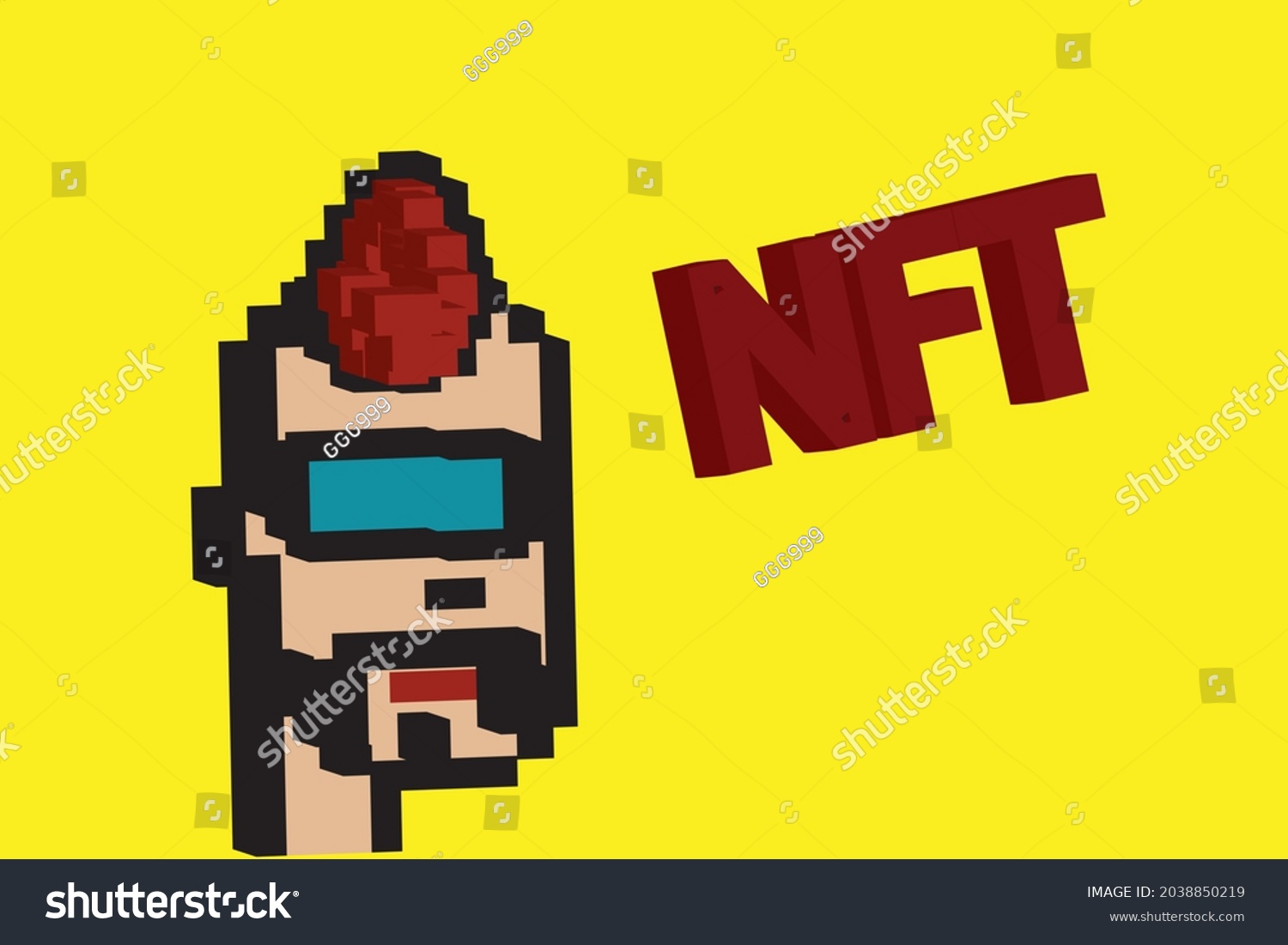 SVG of Cryptopunk NFT blockchain, non fungible token. Pixel art character red hair  game glasses 3d svg