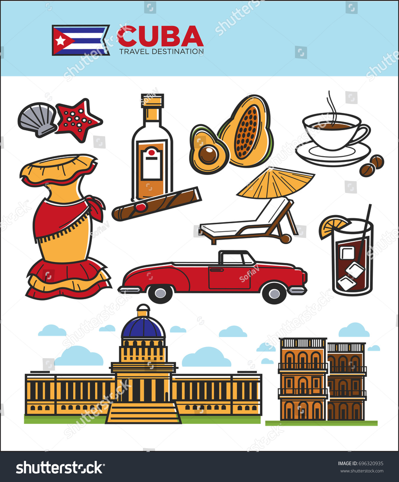 Cuba Travel Landmarks Symbols Tourist Sightseeing Stock Vector (Royalty ...