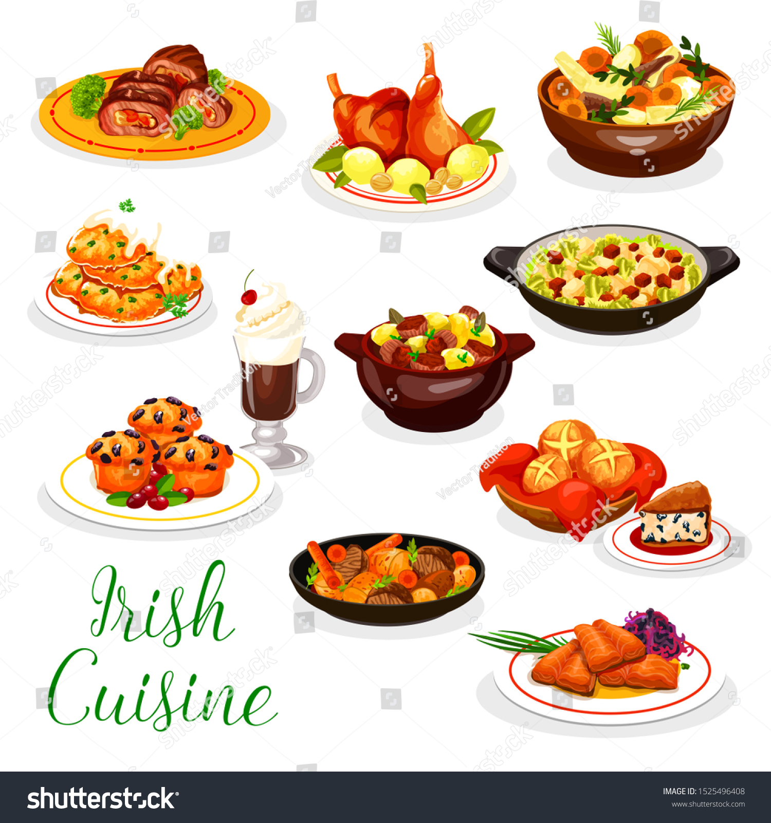 SVG of Cuisine of Ireland vector design with Irish coffee, meat and fish dishes. Vegetable stews with rabbit and lamb, baked salmon, potato pancake and red cabbage salad, beef roll, soda bread, berry cupcake svg