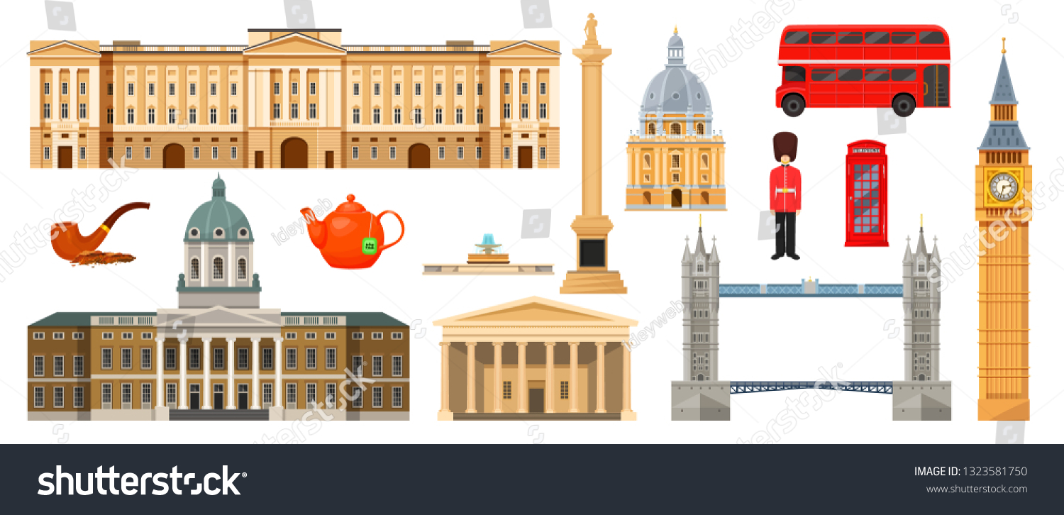 SVG of Culture, landmarks, attractions of London, Great Britain, United Kingdom. Museum, Big Ben, Trafalgar Square, Buckingham Palaces, University of Oxford, double-decker transport bus. Vector illustration. svg