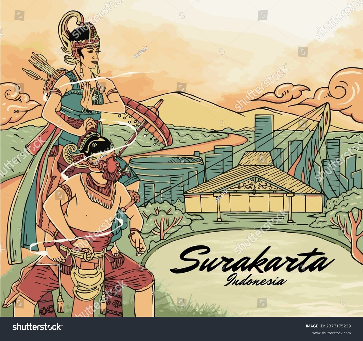SVG of Culture of Central Java Indonesia. Bambangan Cakil dance with the background of Surakarta City svg