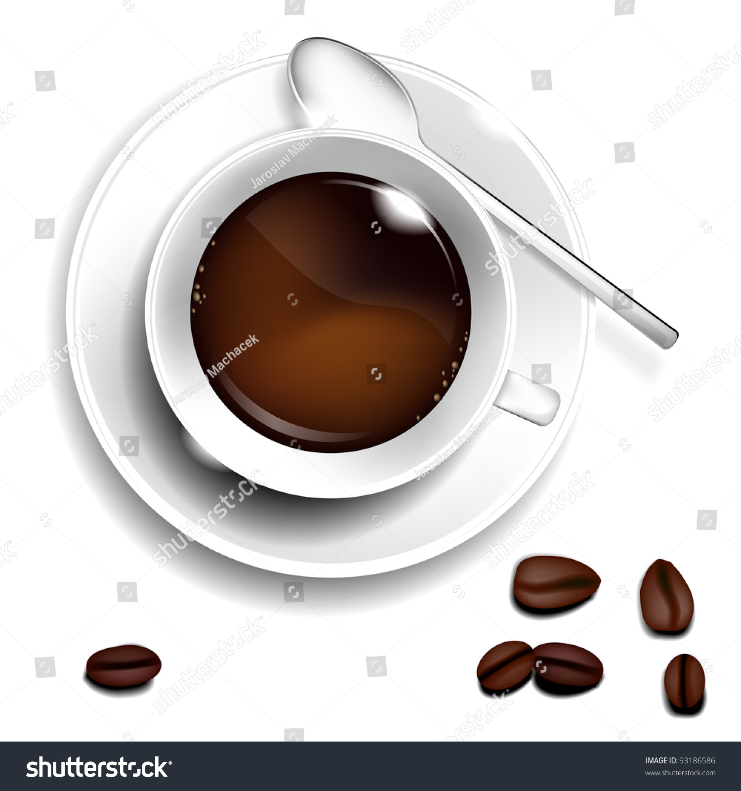 Cup Of Coffee, Spoon And Coffee Beans. Realistic Vector. - 93186586 ...