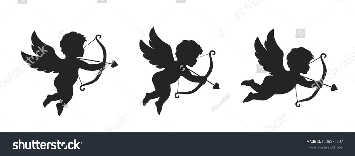 SVG of cupid icon set. love and valentine's day symbol. Cupid shooting arrow. isolated vector black silhouette image svg