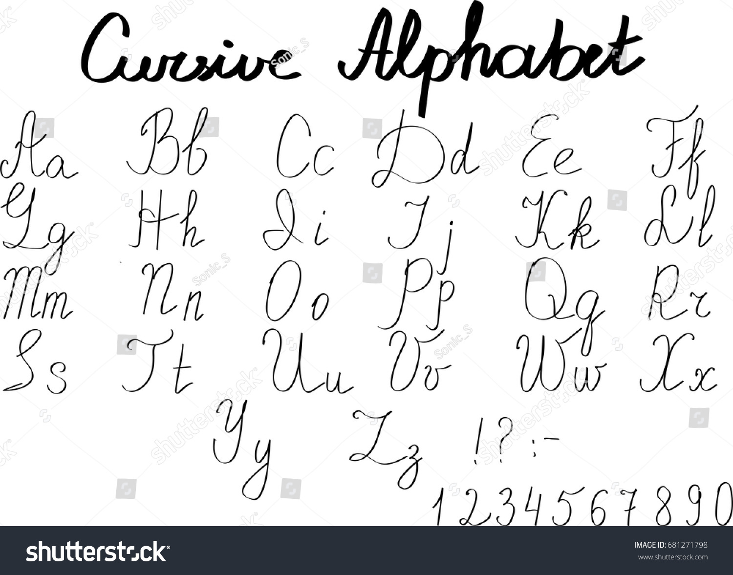 Cursive English Alphabet Letters Numbers Vector Stock Vector 681271798