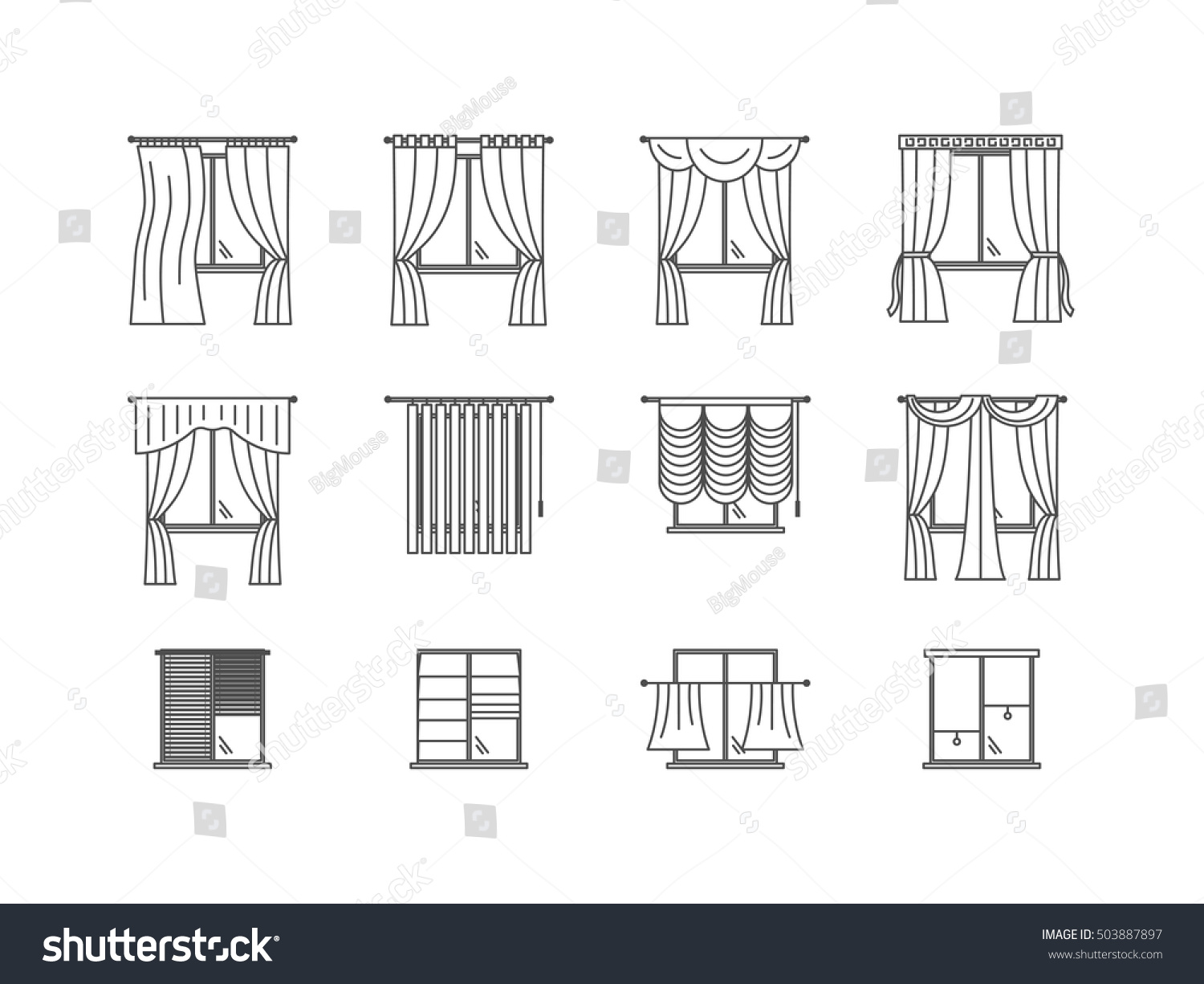 Curtains Types Thin Line Icon Set Stock Vector Royalty Free