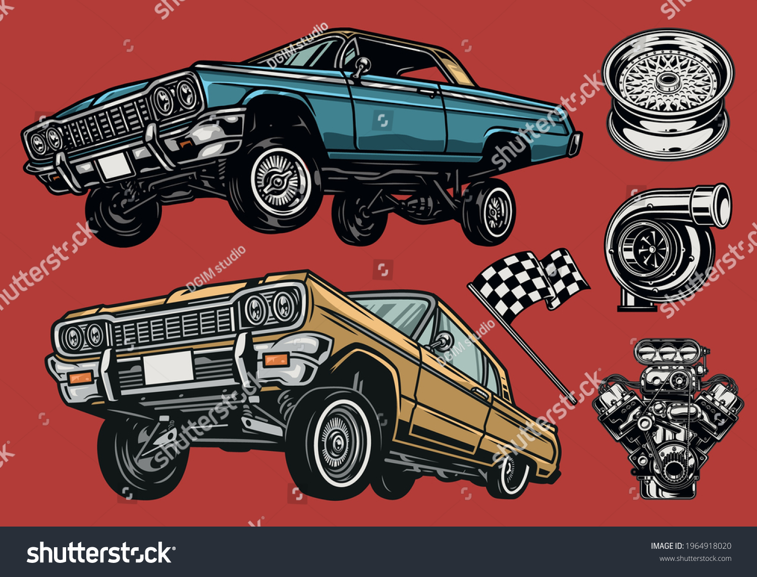 SVG of Custom cars and parts colorful concept with lowrider cars racing checkered flag wheel rim turbocharger and engine isolated vector illustration svg