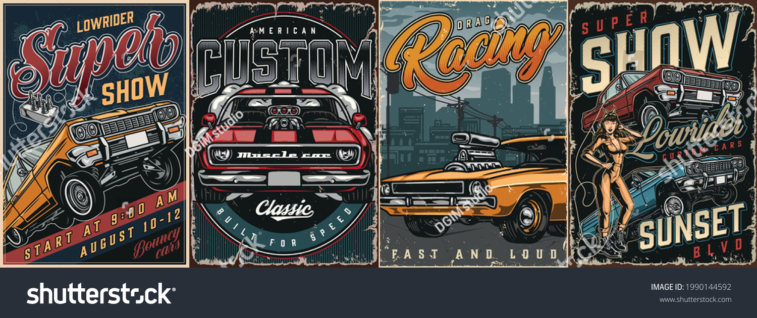 SVG of Custom cars vintage colorful posters with lowrider and muscle american cars attractive winking woman in mechanic uniform vector illustration svg