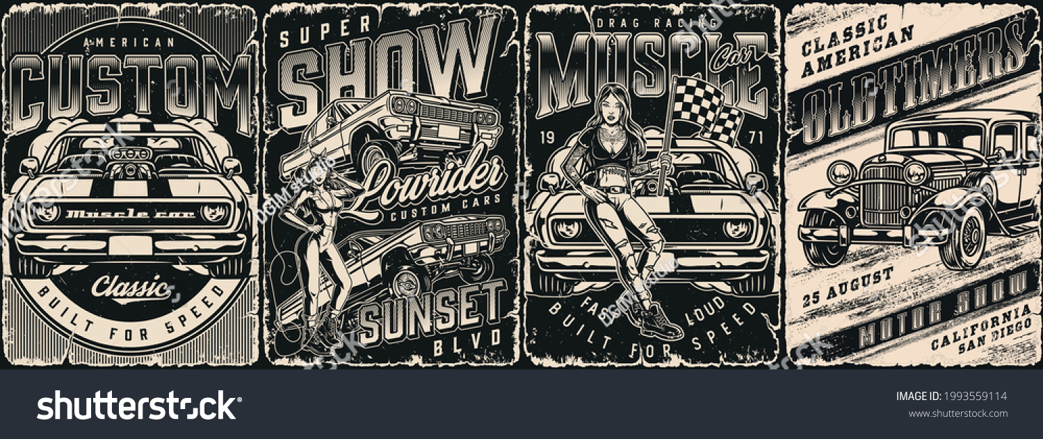 SVG of Custom cars vintage monochrome posters with lowrider and muscle cars classic retro automobile pretty winking woman in mechanic uniform attractive tattooed girl with racing flag vector illustration svg