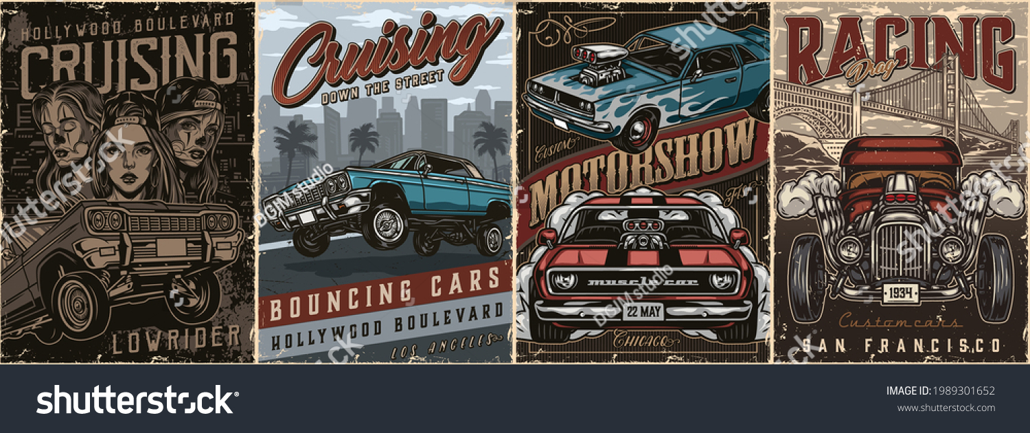 SVG of Custom cars vintage posters set with inscriptions american lowrider hot rod and muscle cars pretty tattooed girls in baseball caps vector illustration svg