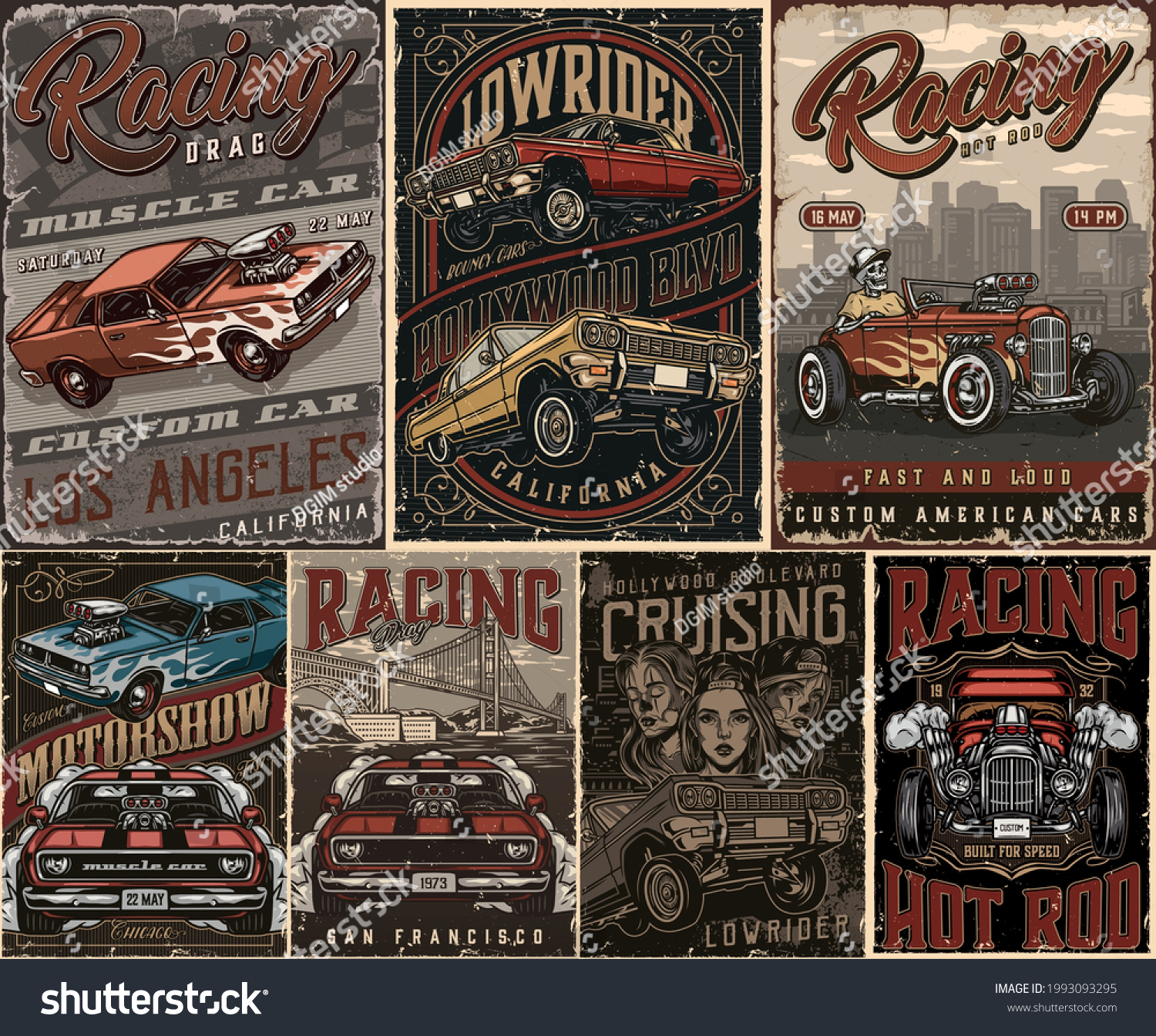 SVG of Custom cars vintage posters set with muscle and lowrider american cars pretty tattooed girls skeleton in baseball cap and shirt driving hot rod with flame decal on cityscape vector illustration svg