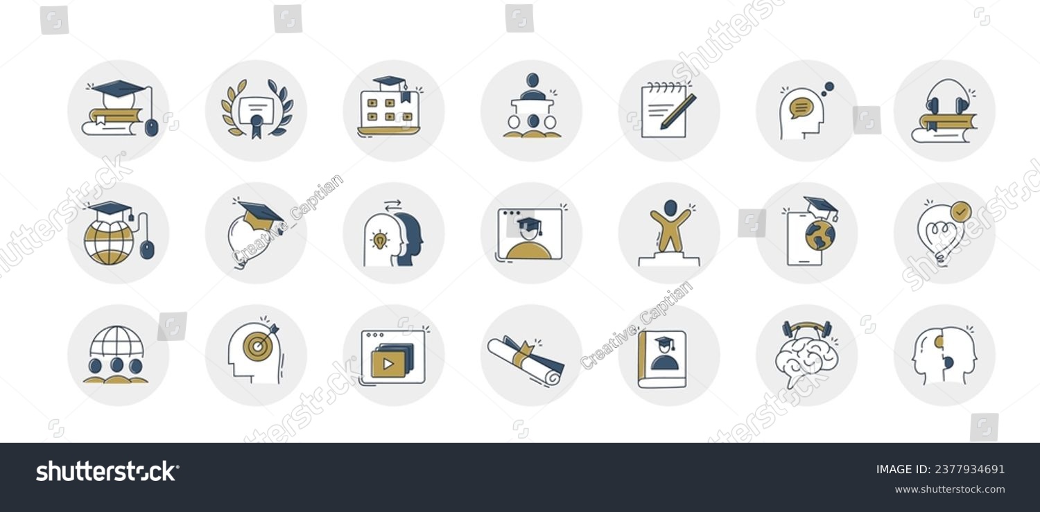 SVG of Custom Hand drawn Online Learning Icons. The icons cover various topics related to online education, including elearning, distance learning, virtual classrooms, and learning management systems. svg