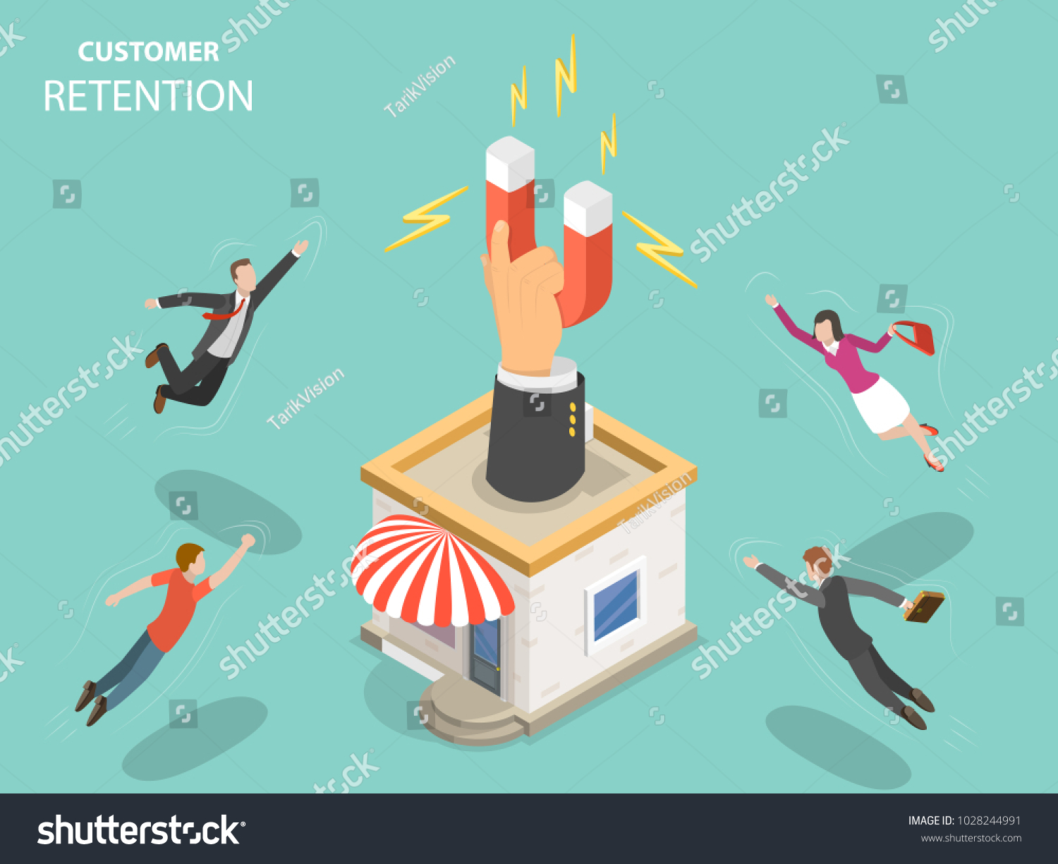 SVG of Customer retention flat isometric vector concept. Hand with magnet has appeared from the store building attracting people from everywhere. svg