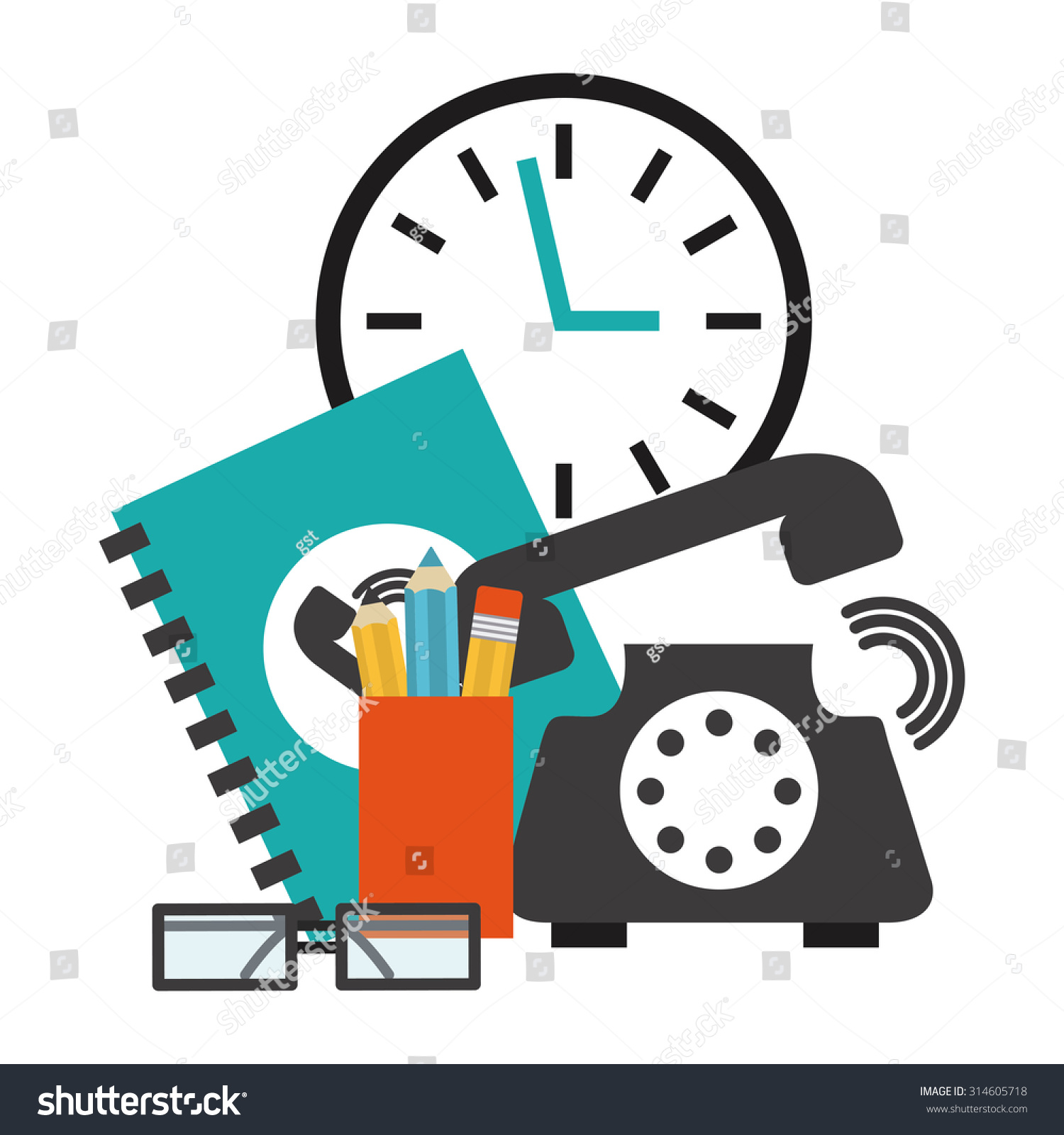 office supplies, clock, phone, glasses, flat design clip art preview