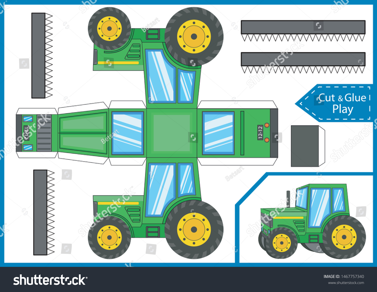 Cut and glue the paper a tractor. Crafts activity page. Worksheet with funny education riddle. Children art game. Create toys. 3d gaming puzzle. Farm tractor birthday decor. Vector illustration.