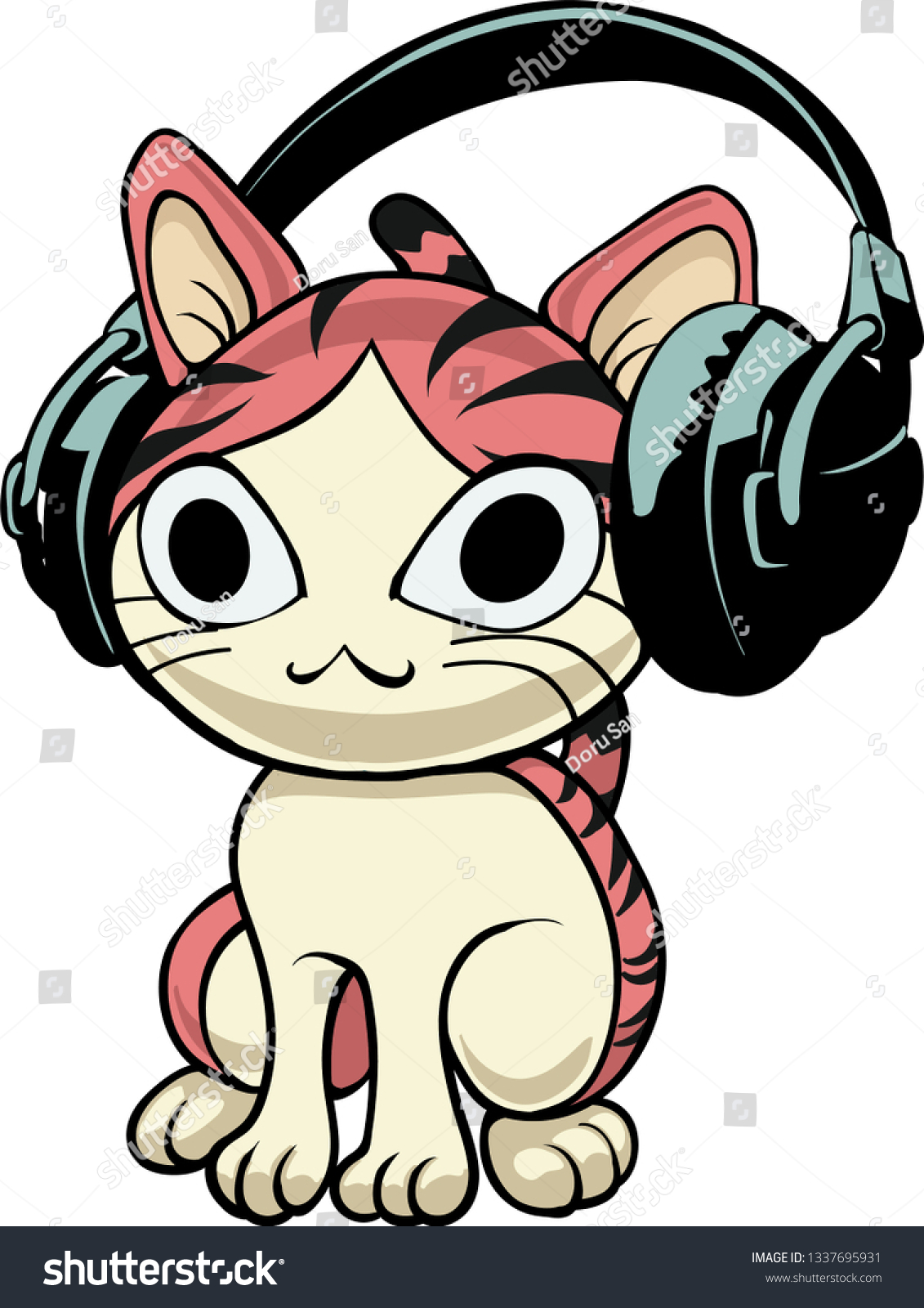 Cute Adorable Colorful Cat Headphones Listening Stock Vector (Royalty