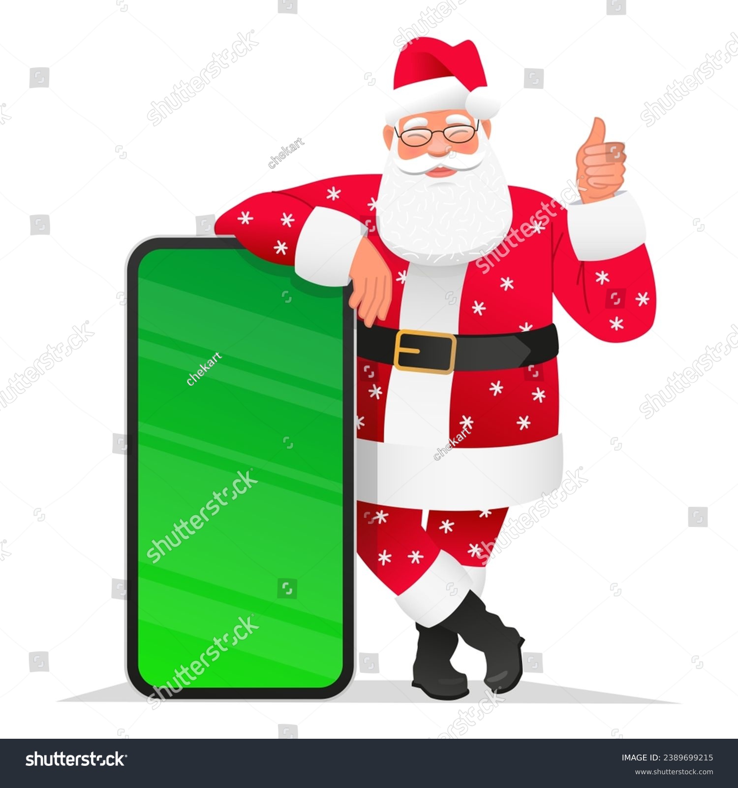 SVG of Cute and cheerful Santa Claus in a beautiful suit with snowflakes is standing at a huge smartphone with a chroma key. Old Santa points to the mobile phone screen. New Year's concept for advertising svg