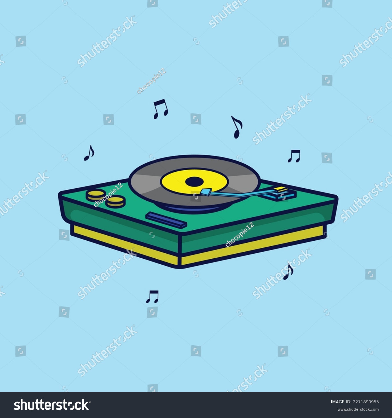 stylized turntable with music notes on blue clip art preview