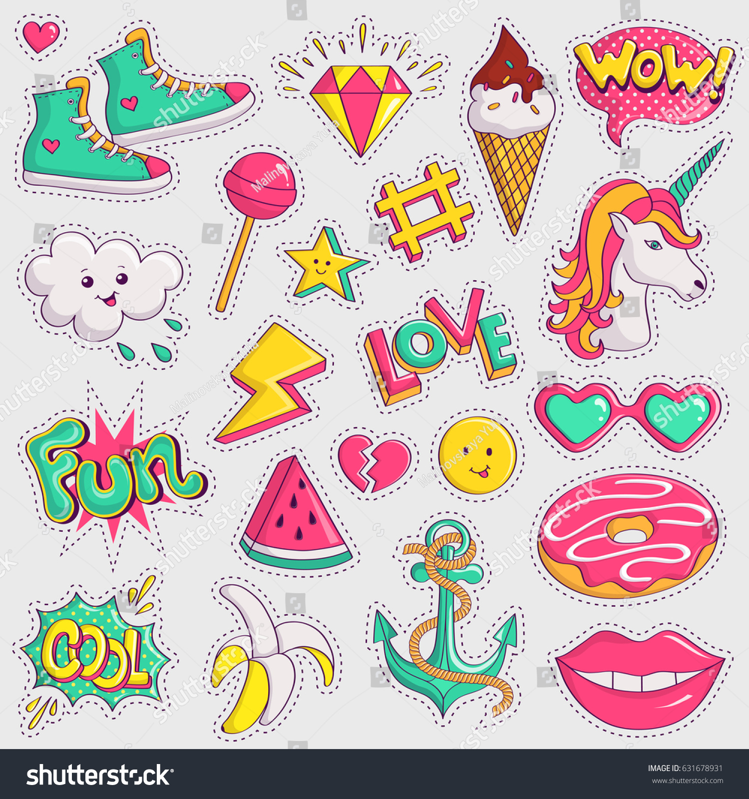 Cute Trendy Patches Colorful Stickers On Stock Vector 631678931