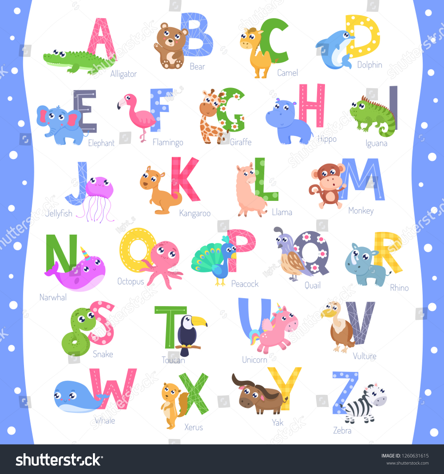 Cute Animal Alphabet Az Vector Illustration Stock Vector (Royalty Free ...