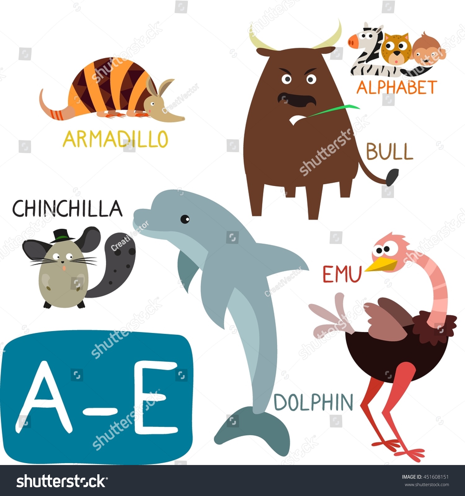 Cute Animal Zoo Alphabet. Letter A-E. Armadillo, Bull, Chinchilla ...