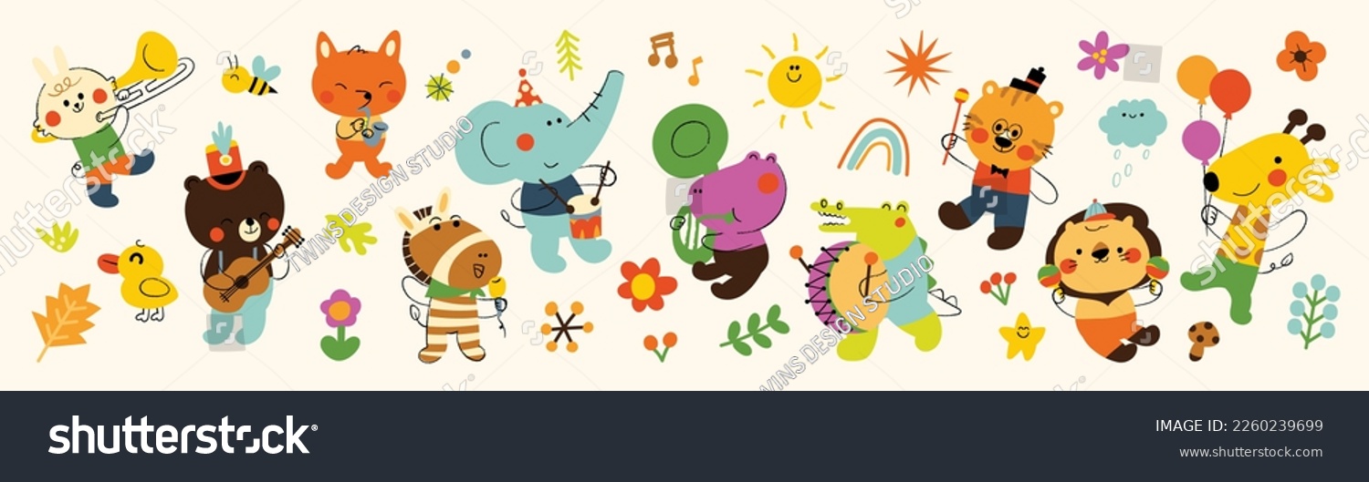 SVG of Cute animals vector set. Cartoon cheerful animals playing music instruments, parade of rabbit, elephant, tiger, giraffe. Design suitable for kids, education, edutainment, fabric, wallpaper, apparel. svg