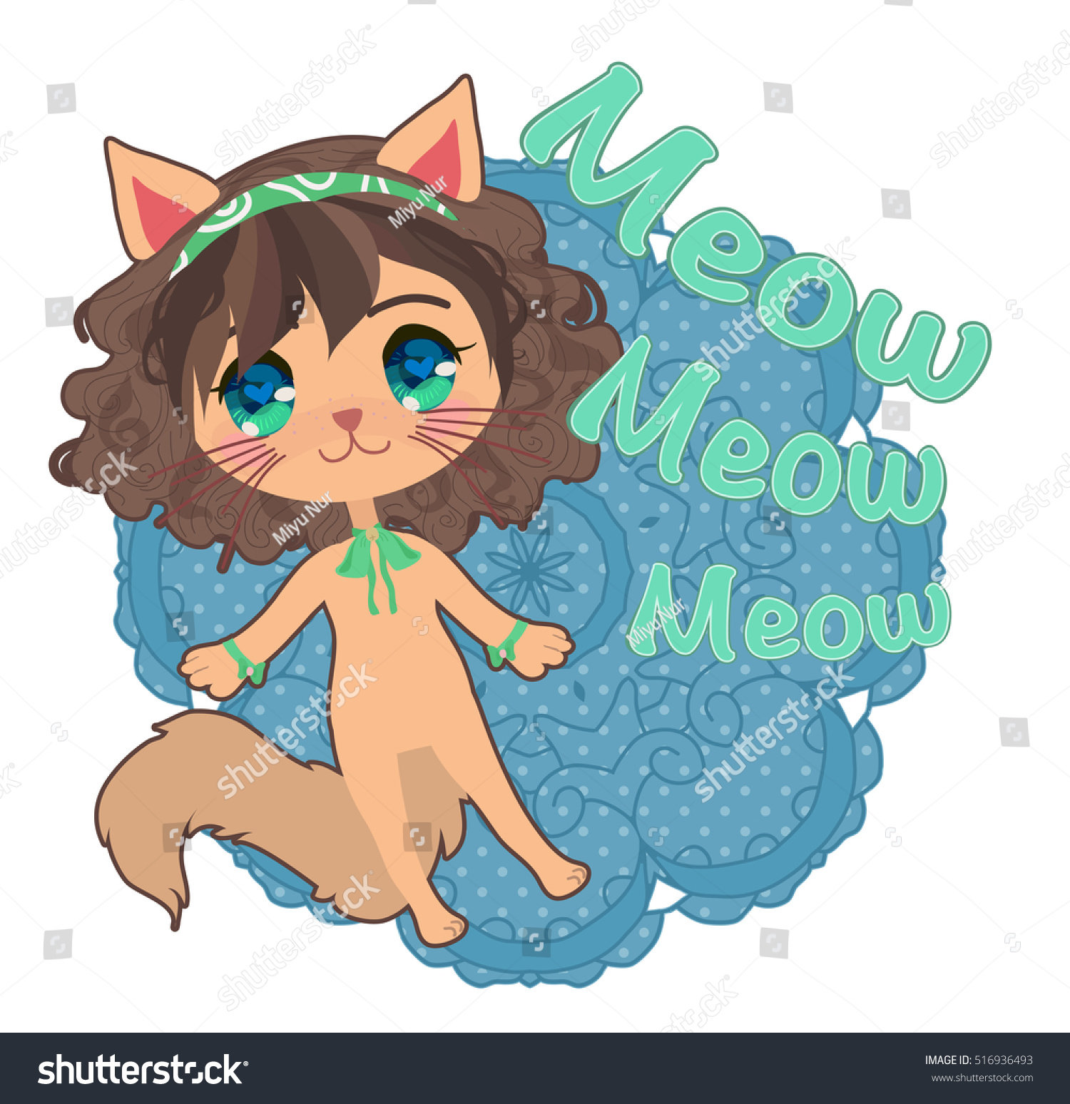 stock vector cute anime chibi cat girl card 516936493