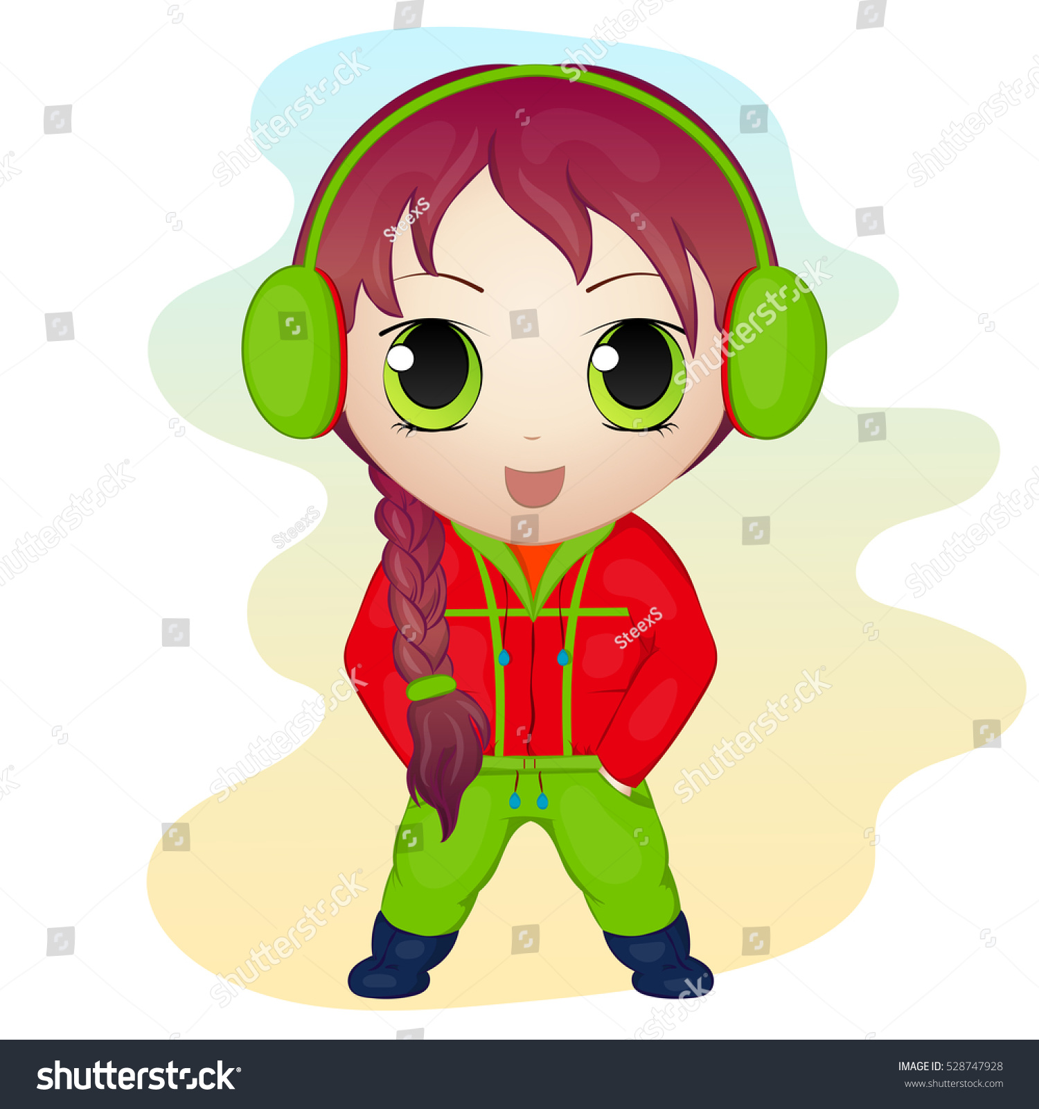 stock vector cute anime chibi little girl wearing earmuffs simple cartoon style vector illustration ny 528747928