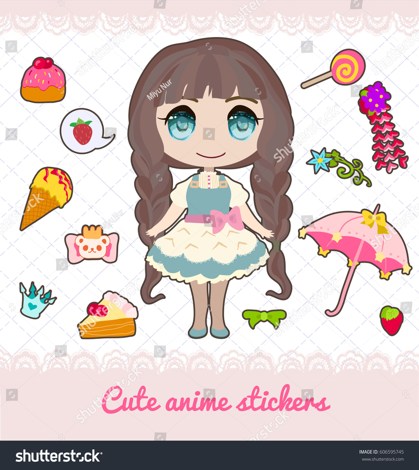 Cute Anime Princess Sticker Set Stock Vector Royalty Free 606595745