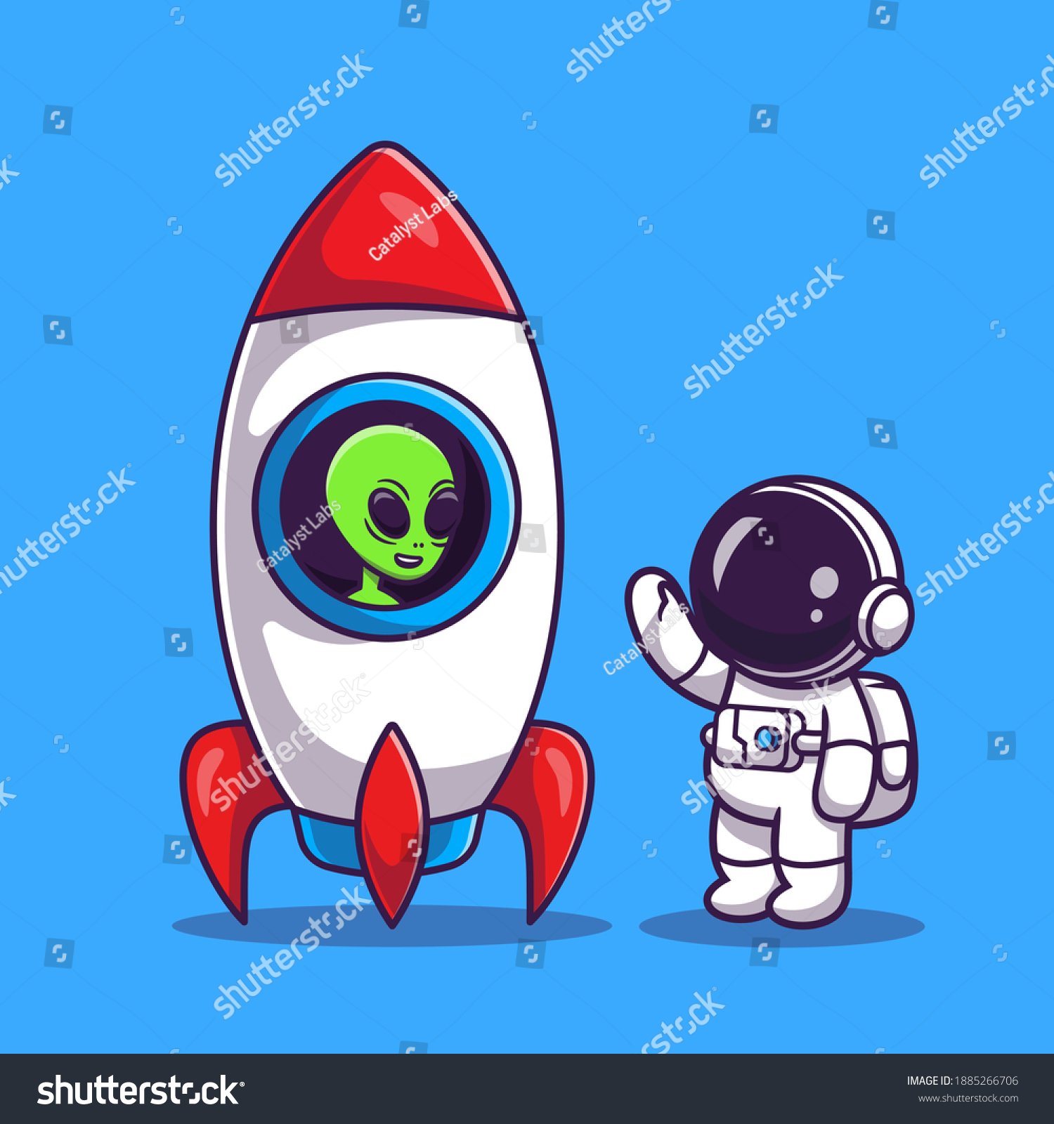 ロケットの漫画のベクター画像アイコンイラストに エイリアンとかわいい宇宙飛行士 科学技術のアイコンコンセプト 分離型プレミアムベクター画像 フラットカートーンスタイル のベクター画像素材 ロイヤリティフリー