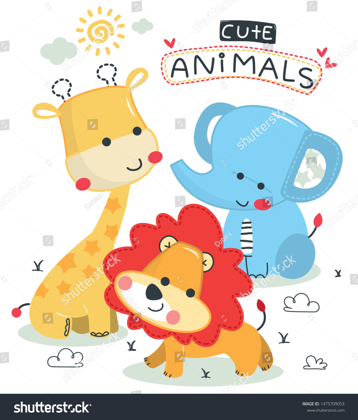 Cute Baby Animals Giraffe Lion Elephant Stock Vector (Royalty Free