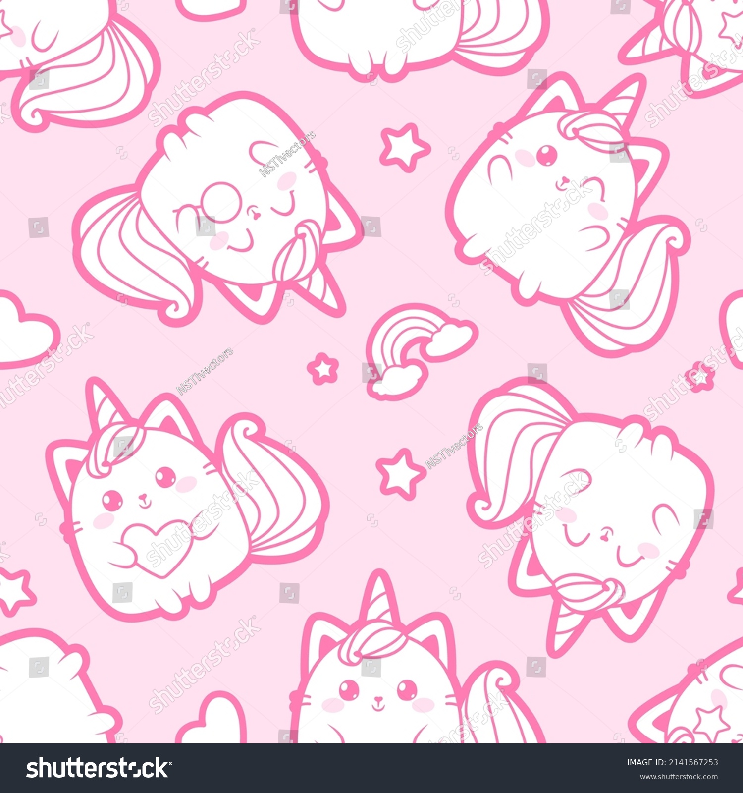 SVG of Cute Baby Cat Caticorn or Kitten Unicorn - pink vector seamless pattern. Kawaii Cat Unicorn with lollipop. Isolated vector illustration for kids design prints, posters, t-shirts, stickers svg