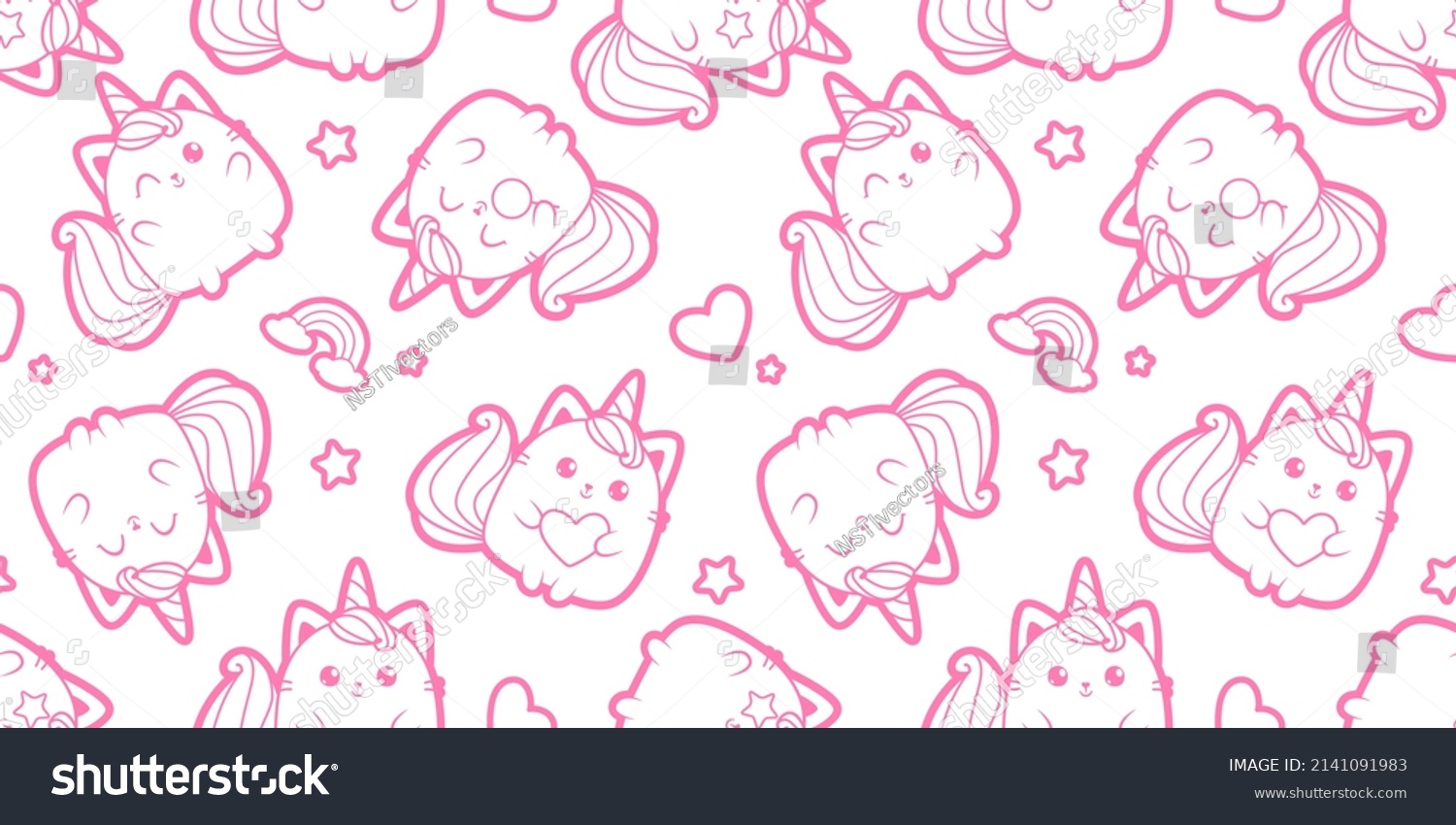 SVG of Cute Baby Cat Caticorn pattern. White Kitten Unicorn - pink vector seamless pattern. Kawaii Cat Unicorn with lollipop. Isolated vector illustration for kids design prints, posters, t-shirts, stickers svg