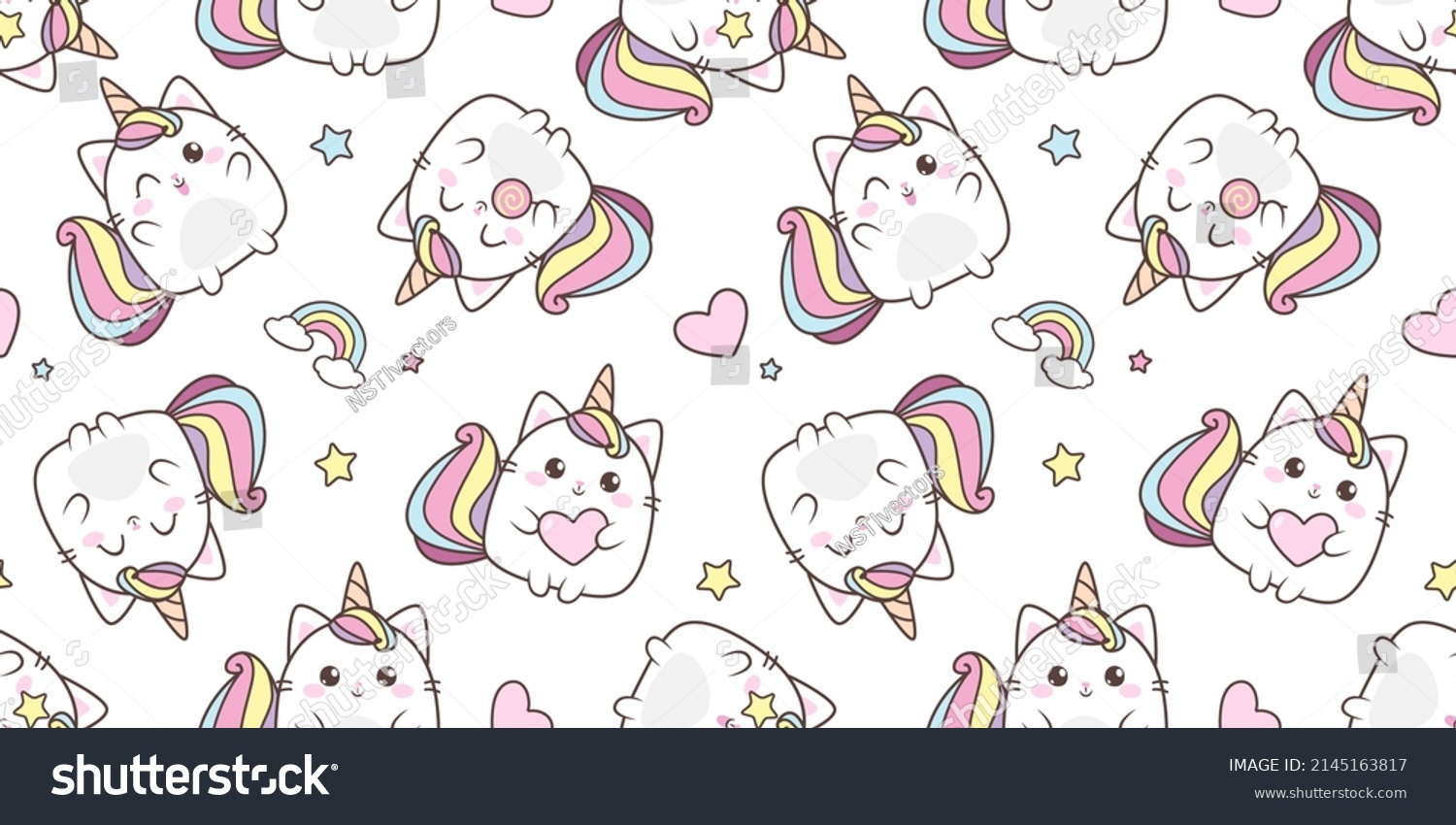SVG of Cute Baby Cat Caticorn pattern. White Kitten Unicorn  vector seamless pattern. Kawaii Cat Unicorn with lollipop. Isolated vector illustration for kids design prints, posters, t-shirts, stickers svg