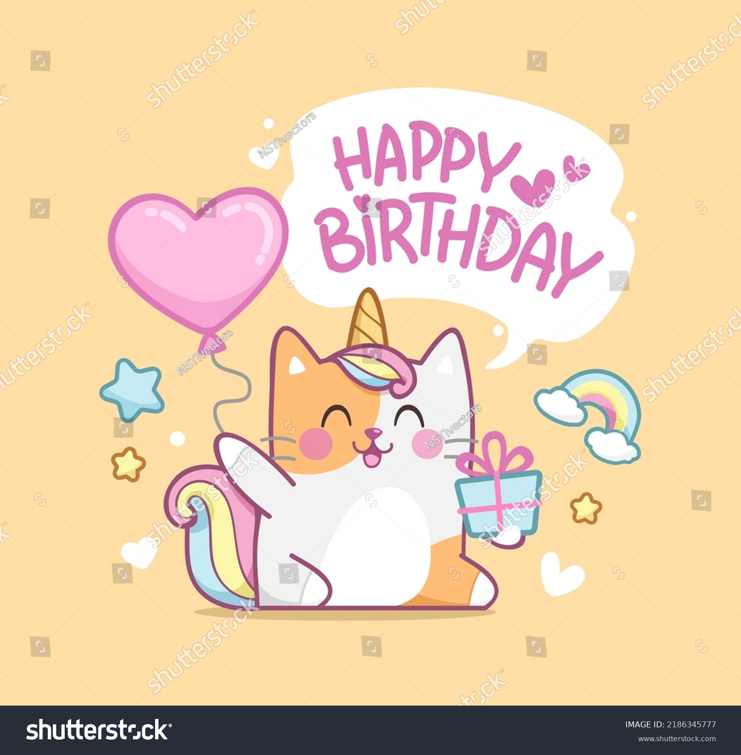 SVG of Cute baby Caticorn kitten or Cat Unicorn on happy birthday card template. Happy birthday card design with cute kawaii kitten. Unicorn cat with congratulations and a gift box in hand svg