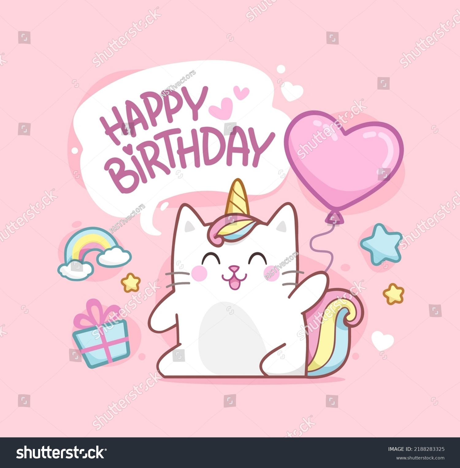 SVG of Cute baby Caticorn kitten or Cat Unicorn on happy birthday card template. Happy birthday card design with cute kawaii kitten. Unicorn cat with congratulations and a balloon in hand svg