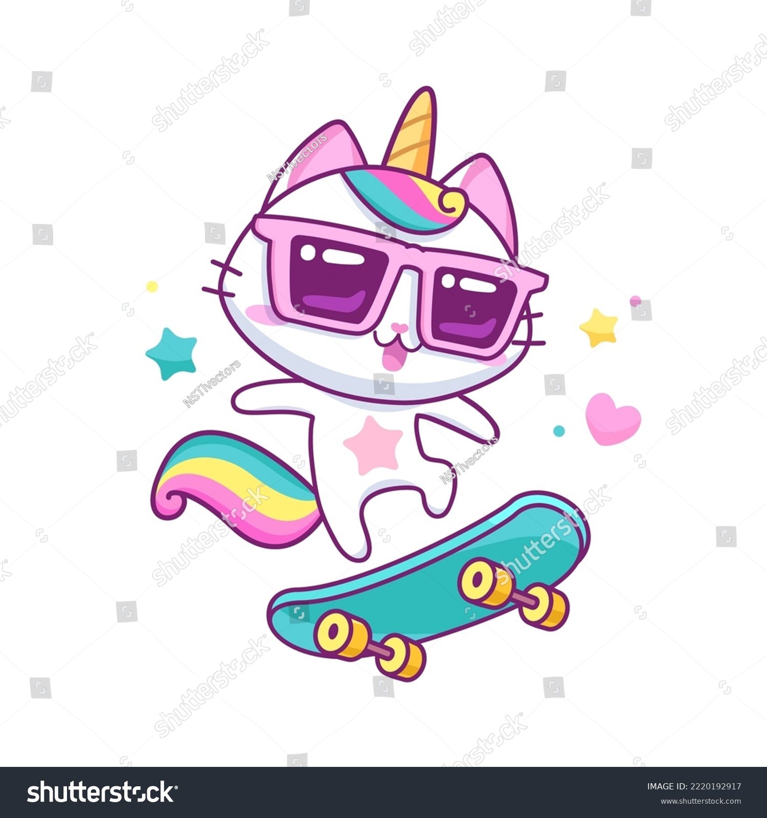 SVG of Cute baby Caticorn kitten or Cat Unicorn on skateboard - kawaii style vector illustration. Baby Cat Unicorn cartoon character. Kids tee print design
 svg