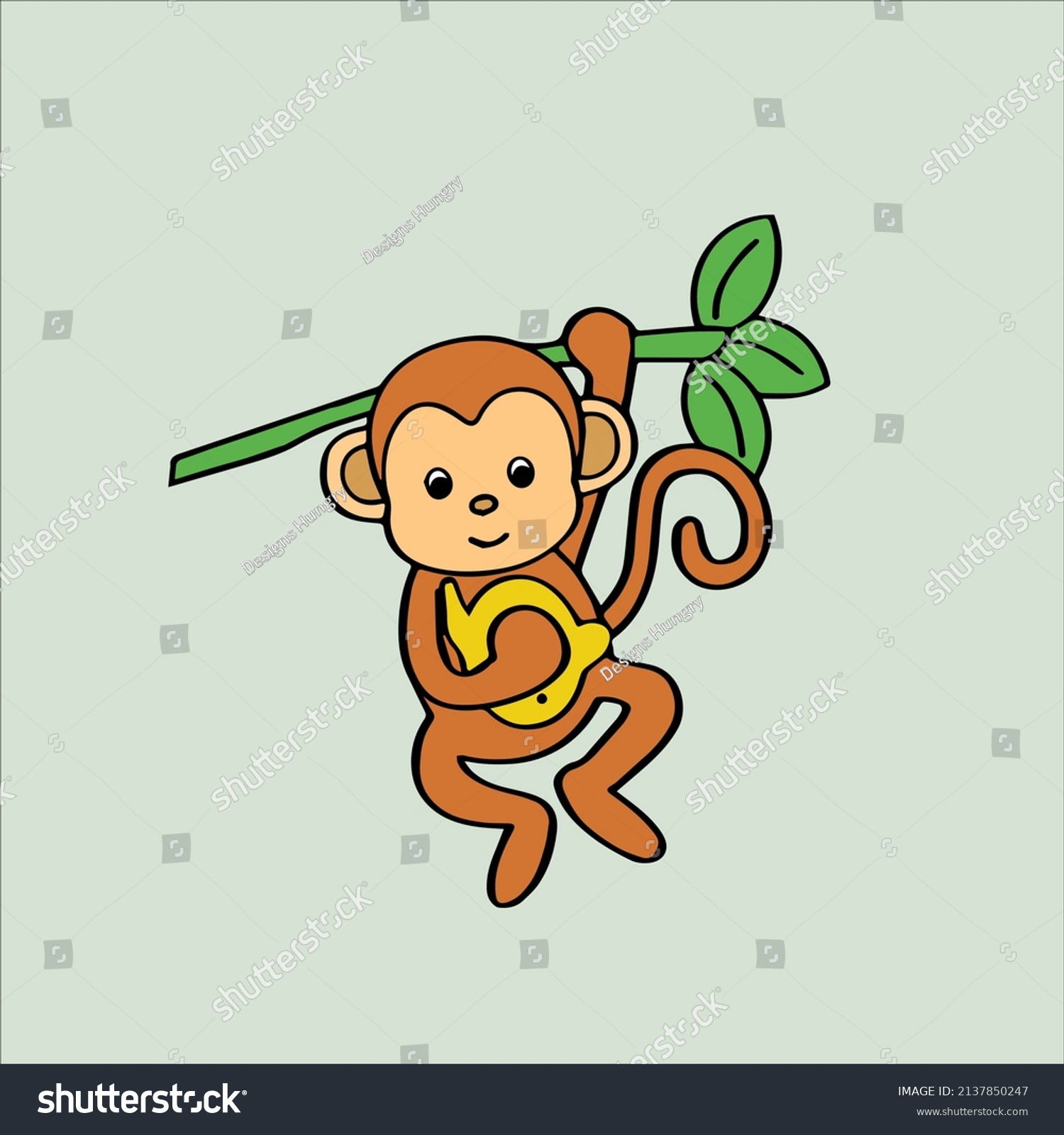 Cute Baby Monkey Hanging On Tree Stock Vector (Royalty Free) 2137850247 ...