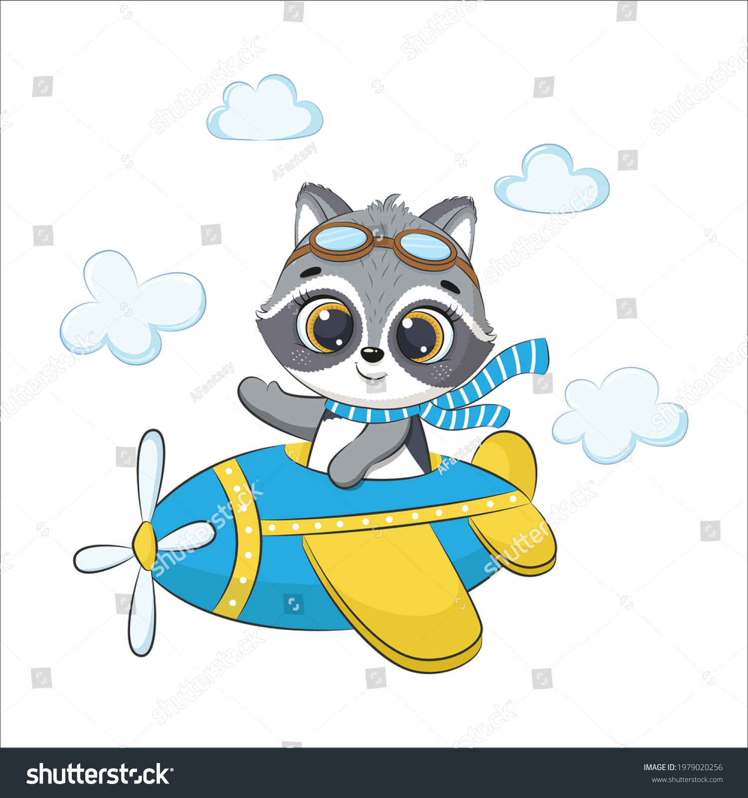 Cute Baby Raccoon Flying On Plane Stock Vector (Royalty Free) 1979020256