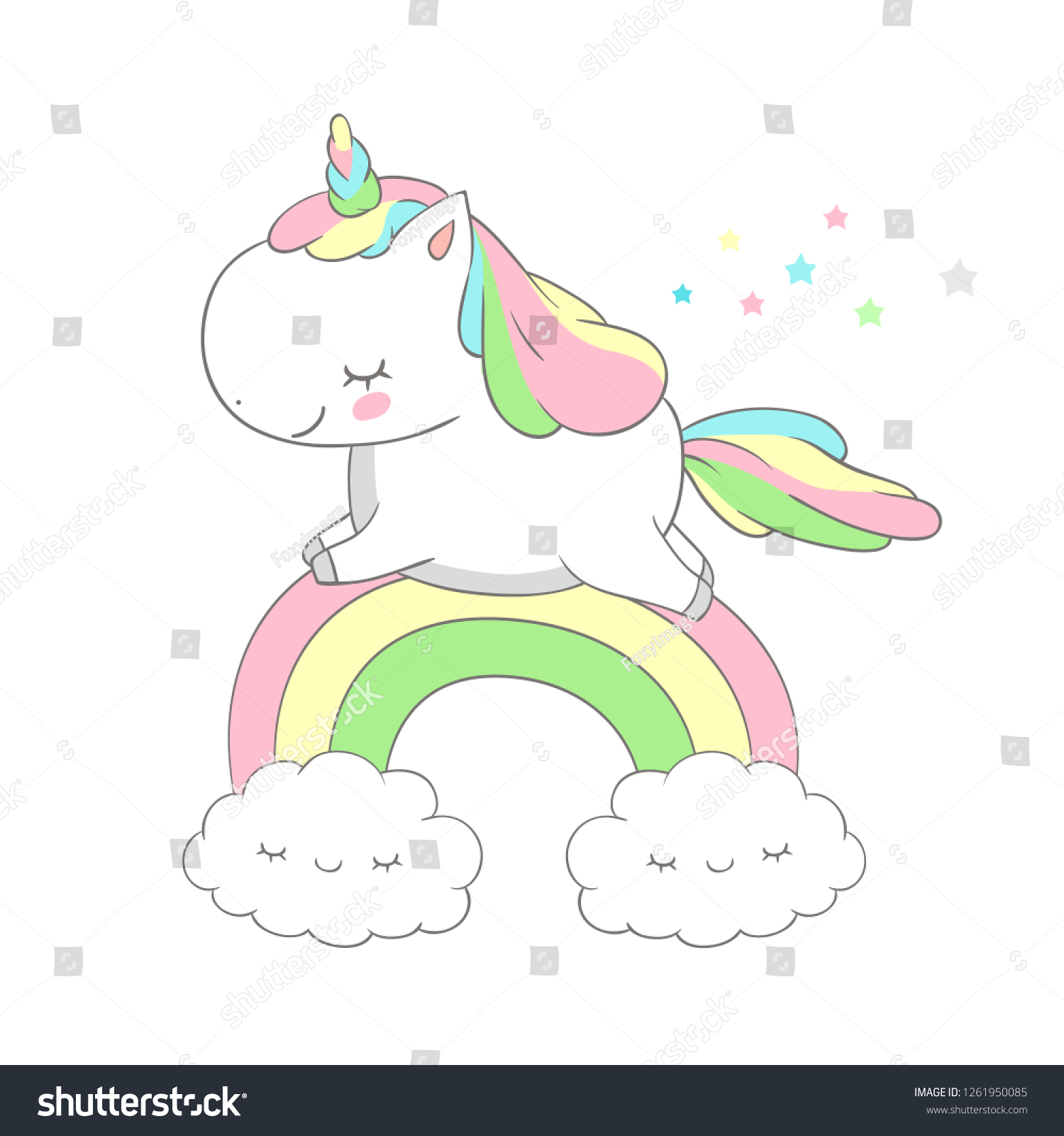 Cute Baby Unicorn Run Above Rainbow Stock Vector (Royalty Free) 1261950085