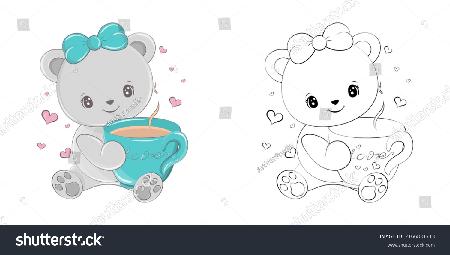 SVG of Cute Bear Clipart for Coloring Page and Illustration. Happy Clip Art Bear with a Cup of Coffee. Vector Illustration of an Animal for Stickers, Prints for Clothes, Baby Shower, Coloring Pages.  svg