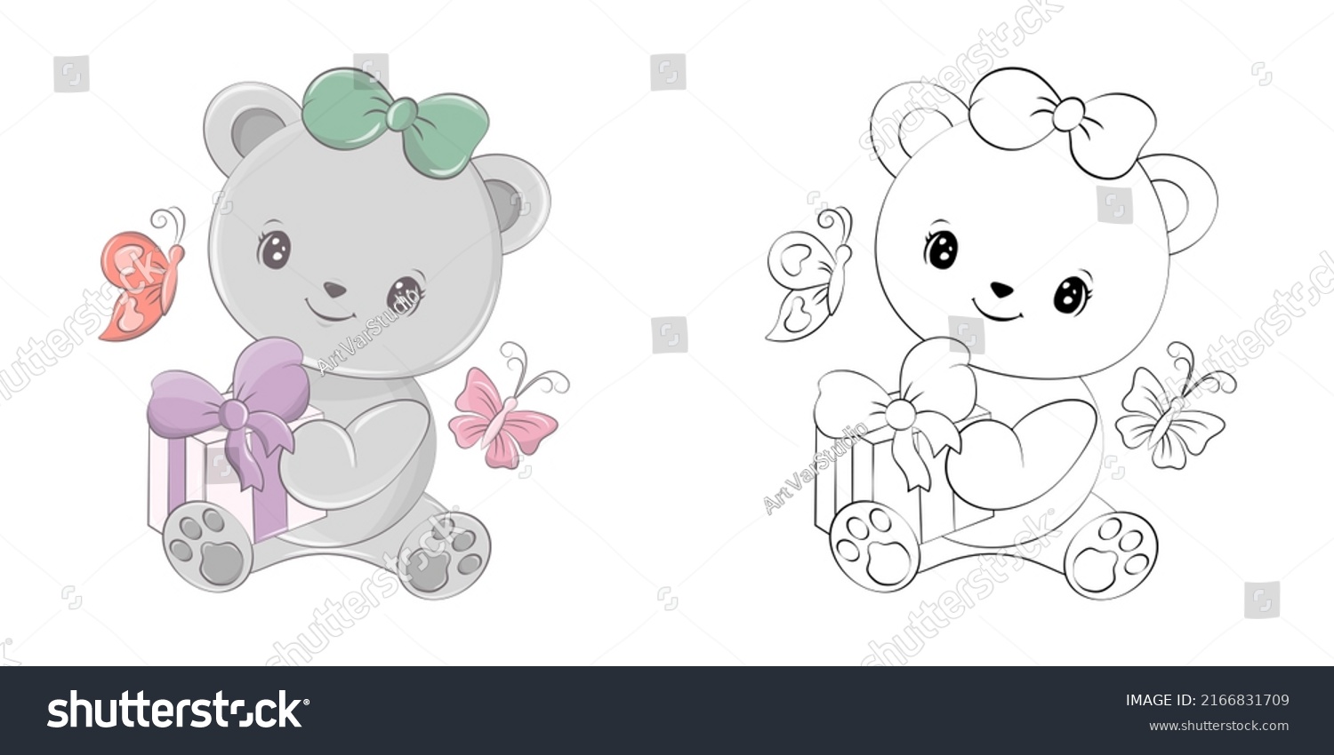 SVG of Cute Bear Clipart Illustration and Black and White. Funny Clip Art Bear with Gift Box. Vector Illustration of an Animal for Coloring Pages, Stickers, Baby Shower, Prints for Clothes.  svg