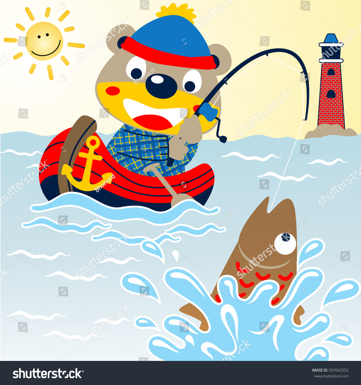 Download Cute Bear Fishing Big Fish Sea Stock Vector 597043352 ...